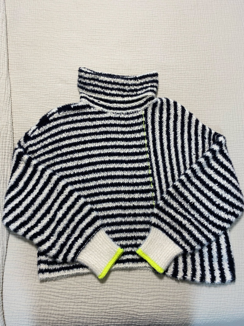 Anthropologie Black and White Striped Turtleneck Sweater with Neon Stitch